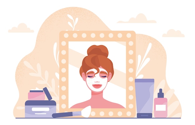 Woman with beauty procedures concept Young girl with face mask and skin care Beauty aesthetics and elegance Character with creams and lotions near mirror Cartoon flat vector illustration