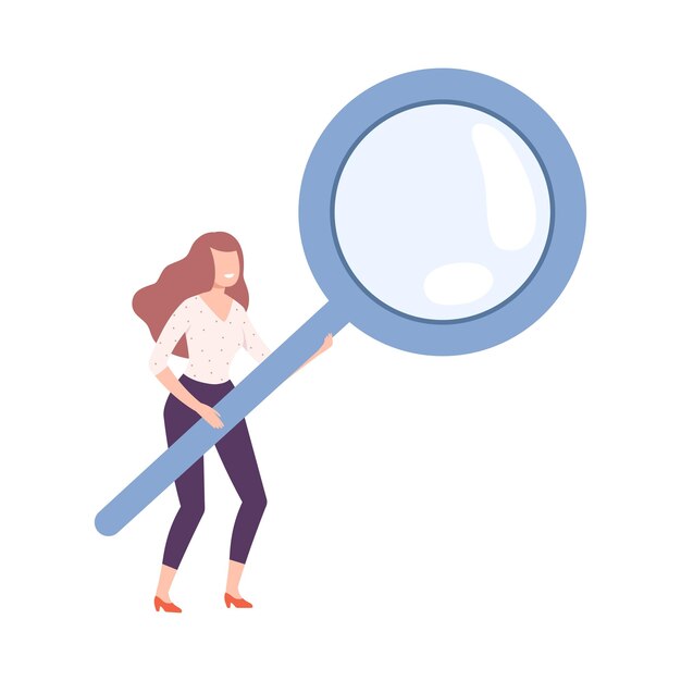 Vector woman with big magnifying glass searching for information vector illustration