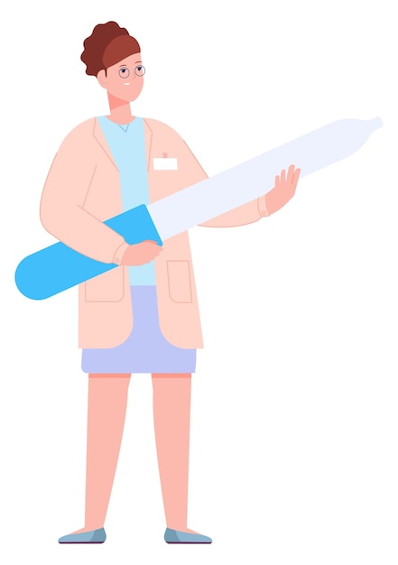 Woman with big pipette happy female scientist