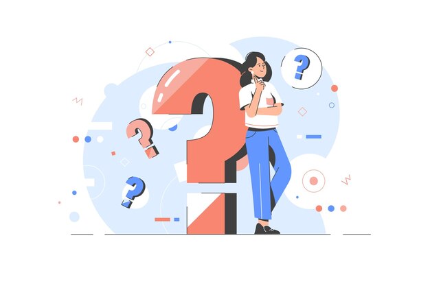 Vector woman with a big question mark. questions concept. curiosity. answers on questions. faq. business