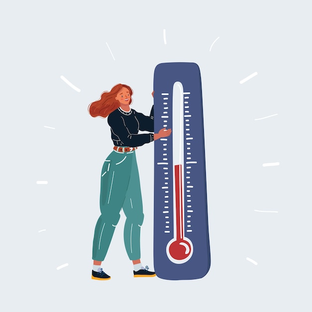Женщина с большим термометром в руках измеряет температуру окружающей среды