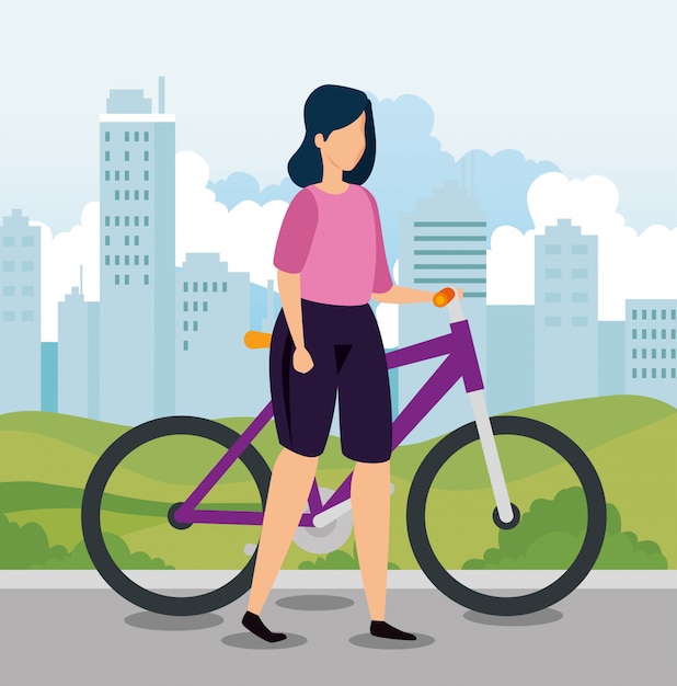 Woman with bike and urban landscape