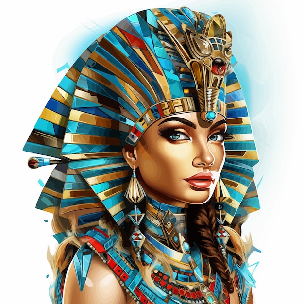 a woman with a blue and gold headdress on her head.