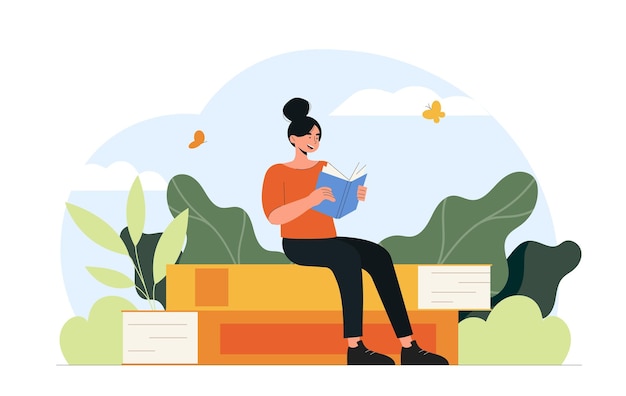 Vector woman with book concept love for reading and literature young girl with cultural rest and leisure