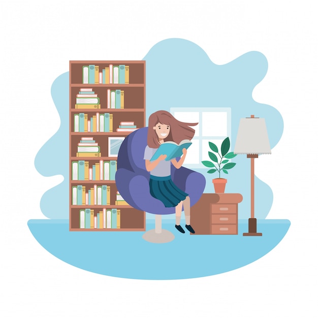 Woman with book in livingroom avatar character