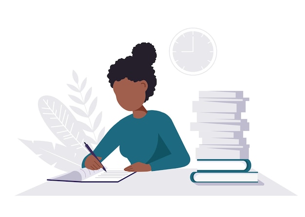 Vector woman with books studying or working concept