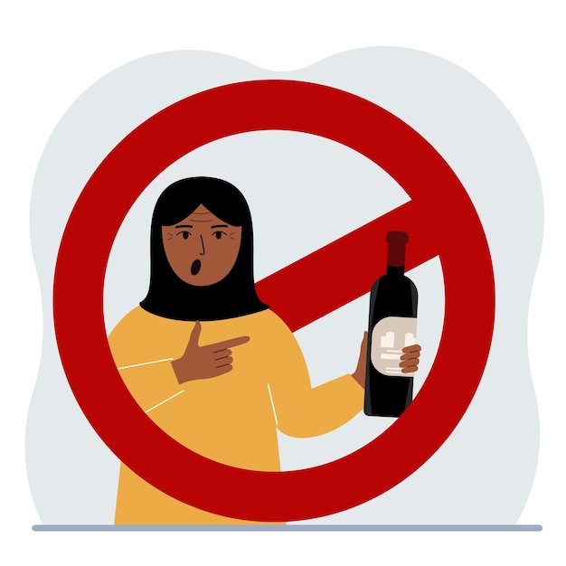 A woman with a bottle of alcohol in his hand around the woman is a red prohibition sign the concept of addiction to alcohol and the prohibition of drinking alcohol