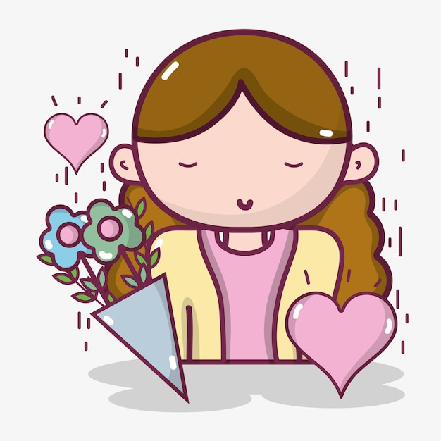 Woman with bouquet flowers and heart 