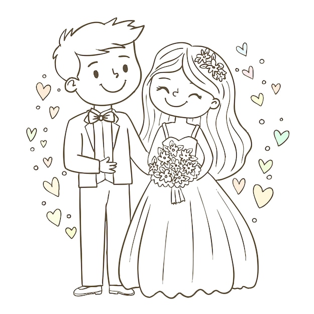 花束を持った女性が結婚式のキャラクターで夫の近くに立っています