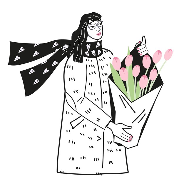 Вектор Женщина с букетом цветов плоской векторной иллюстрации на белом фоне весенние праздники и подарок на день матери или женщины