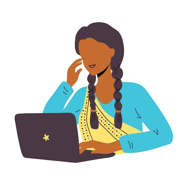 Vector a woman with braided hair working with a laptop