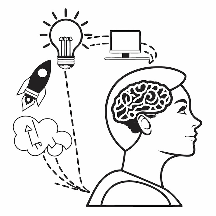 Vector a woman with a brain on her head and a rocket on the top