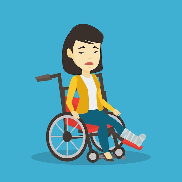 Woman with broken leg sitting in wheelchair.