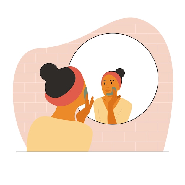 Vector a woman with brown skin sits in front of a mirror and applies a mask to her face. home cosmetic