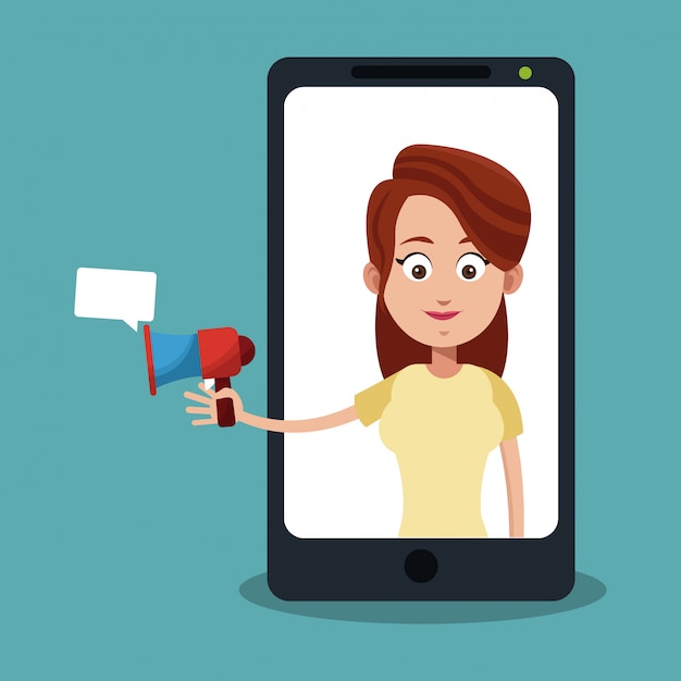 Woman with bullhorn on smartphone cartoons 