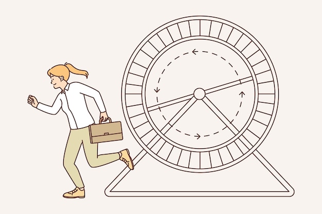 Woman with business briefcase runs near hamster wheel wanting to reach career goa