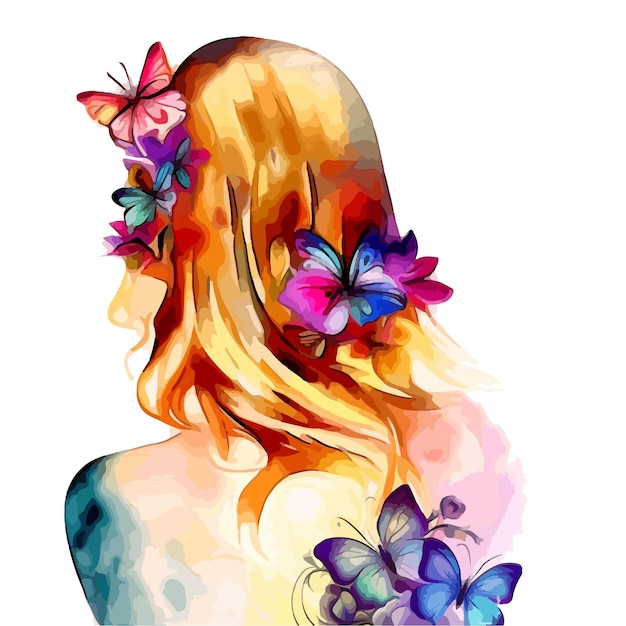 Viene mostrata una donna con farfalle sui capelli.