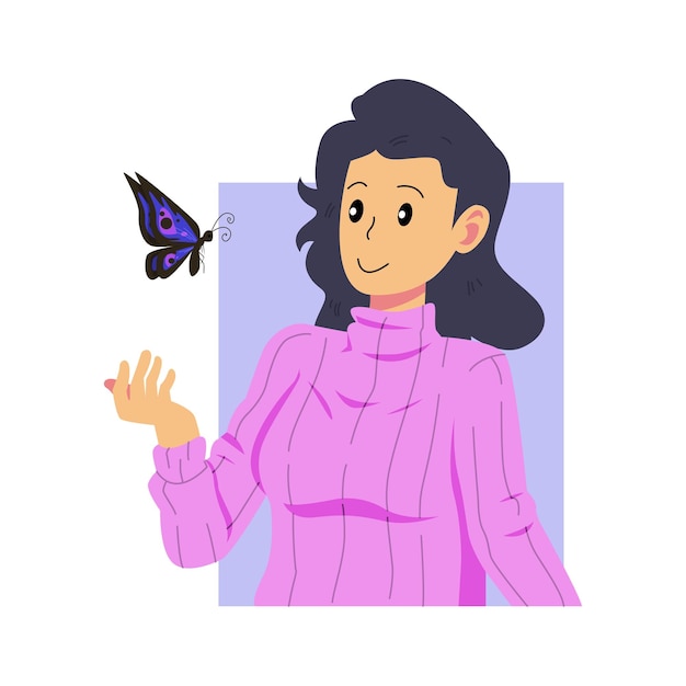 蝶のイラストを持つ女性