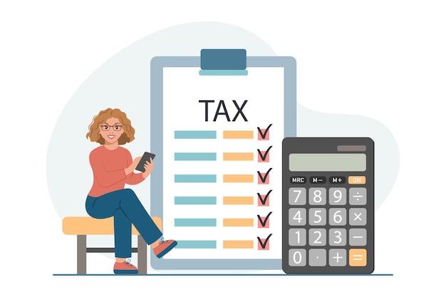 Vector woman with calculator and tax form tax payment concept financial tax accounting audit