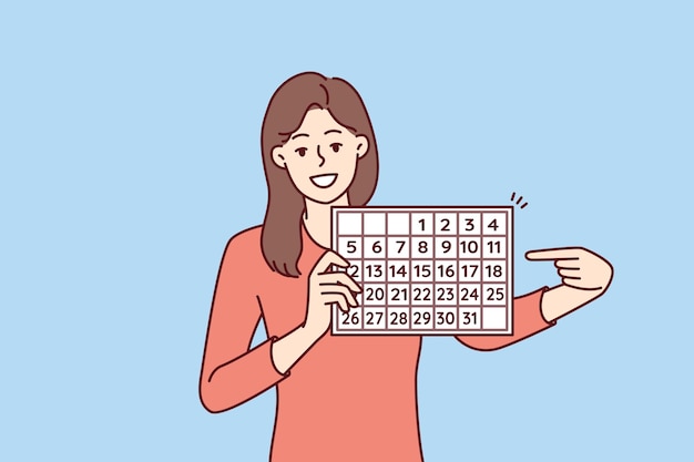 Woman with calendar points finger at dates suggesting to do planning and time management