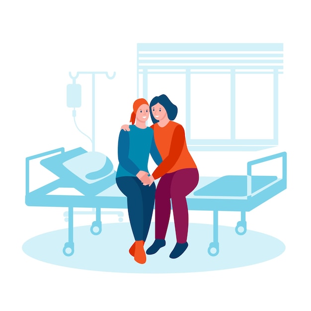 Vector a woman with cancer sits on a bed in a hospital a friend hugs supports