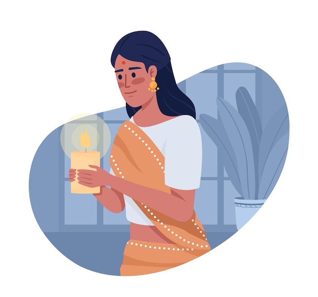 Woman with candle celebrating Diwali 2D vector isolated illustration