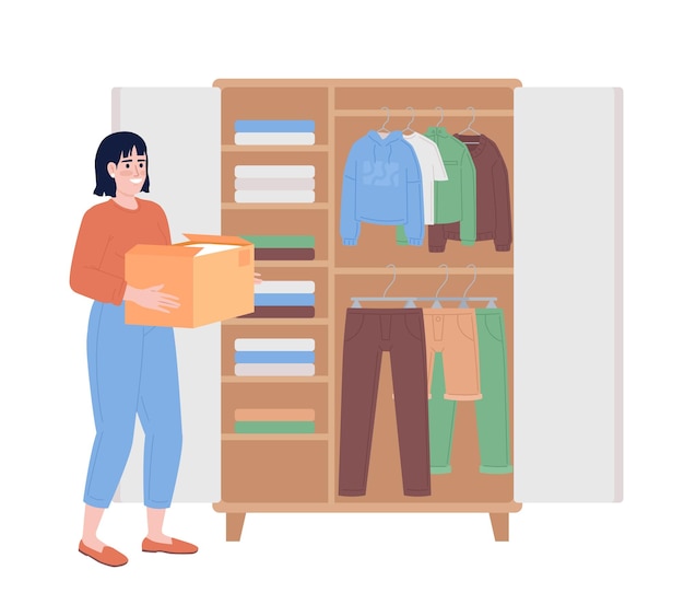 Vector woman with cardboard box near open wardrobe semi flat color vector character