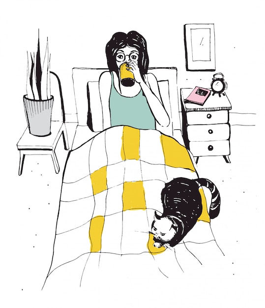 ベッドの上の猫と女性。ベクターの手描きイラスト。