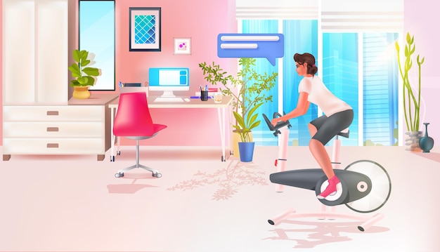 woman with chat bubble riding stationery bike healthy lifestyle chat bubble communication concept living room interior full length horizontal vector illustration