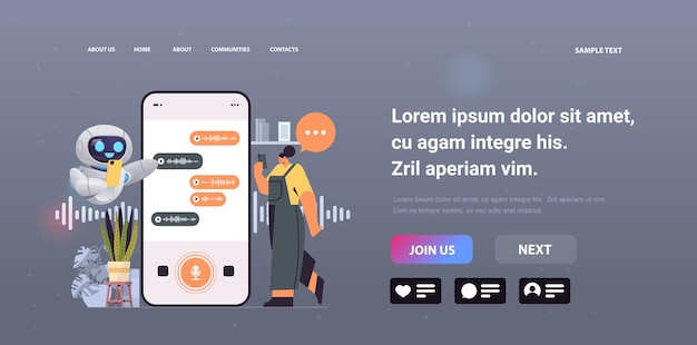 Женщина с чат-ботом записывает или слушает голосовые сообщения на экране смартфона, аудиозапись отправляет онлайн-общение