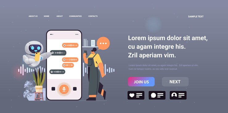 Vector woman with chatbot recording or listening voice messages on smartphone screen audio record sending online communication