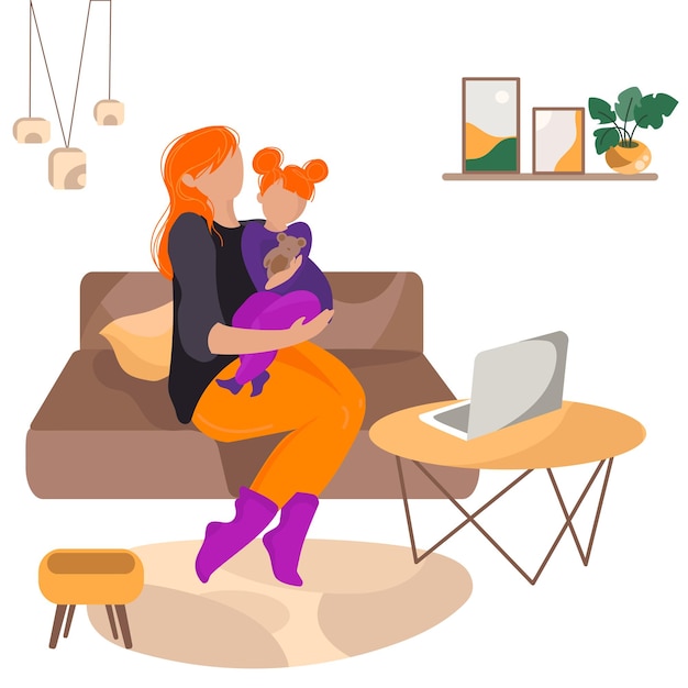 A woman with a child daughter in her arms sits on the sofa at home with a laptop vector