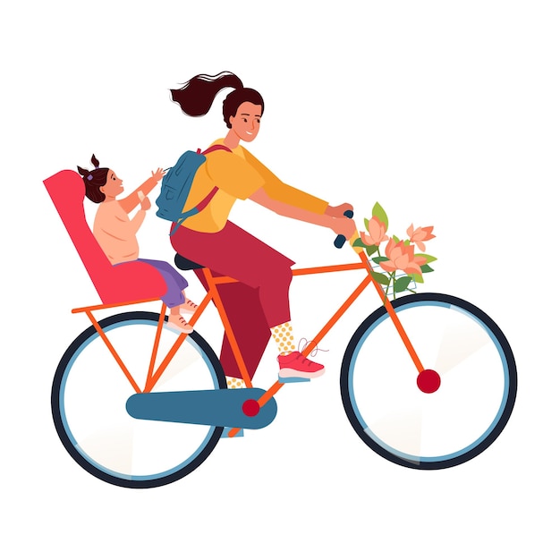 Woman with child riding bicycle. summer cyclist driving, cycling. person on bike, eco city transport