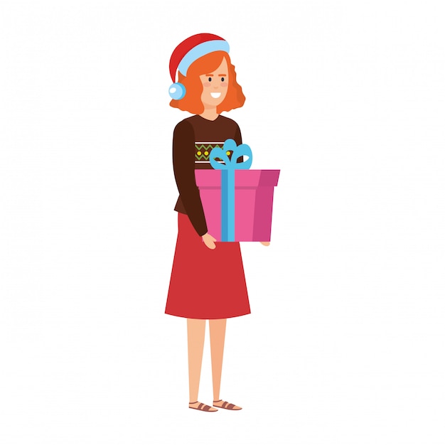 Vector woman with christmas clothes and gift
