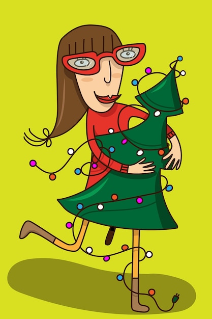 Vector woman with christmas tree