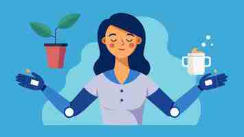 Vector a woman with closed eyes hands outstretched as her robotic prosthetic arm picks up a cup of coffee