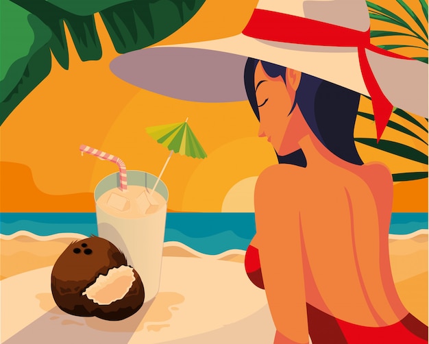 Vector woman with cocktails in the beach