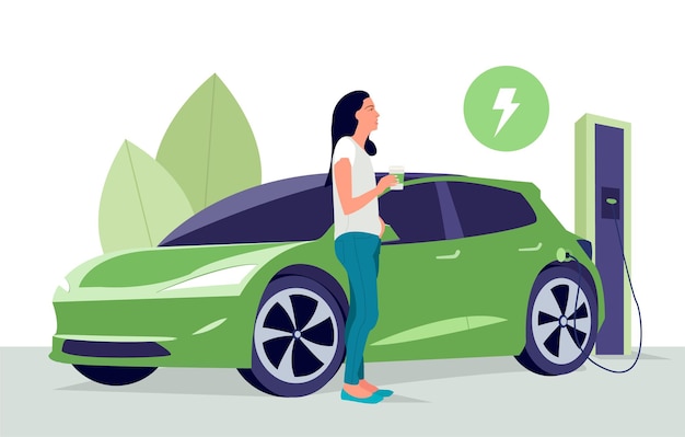 Vector woman with coffee electric car on charging station with green city street skyline
