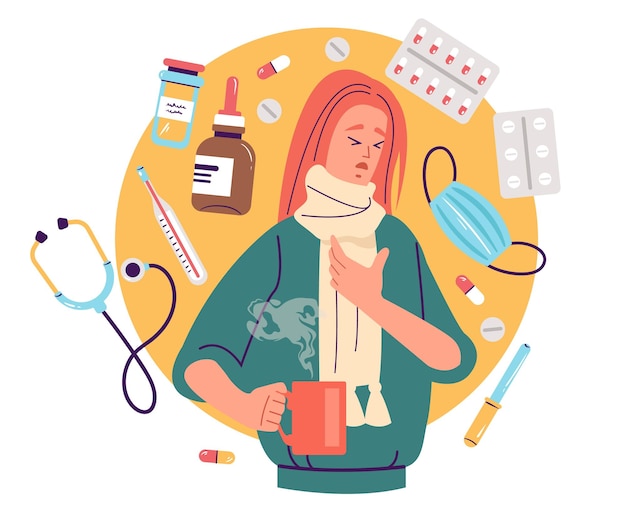 Vector a woman with a cold and a lot of medicines.