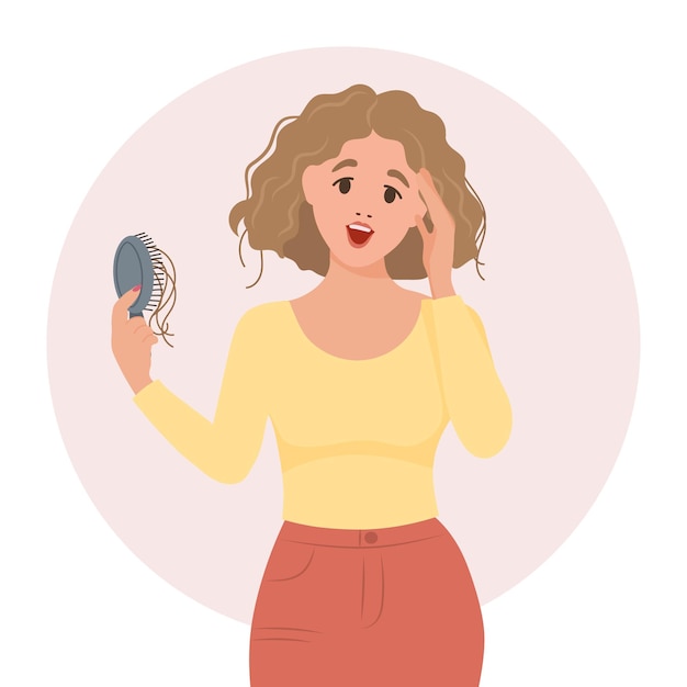 Vector woman with a comb in her hand hair loss alopecia hair problems baldness illustration vector