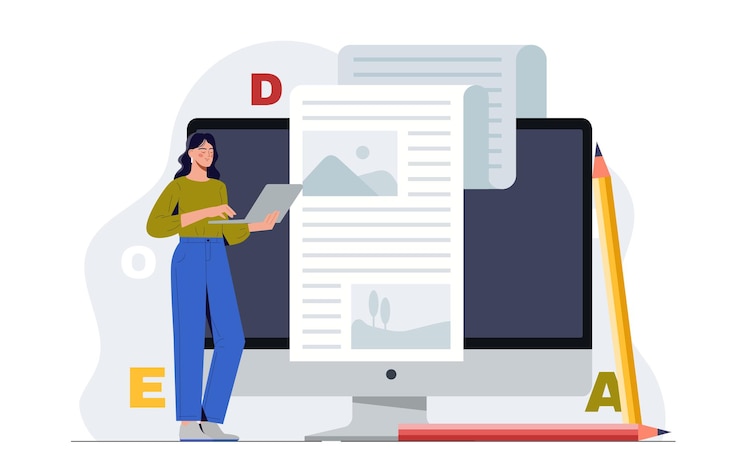 Vector woman with copywriting young girl with laptop typing article talented author creates interesting