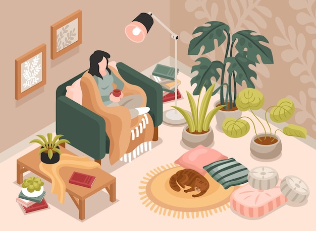 Woman with cup of coffee sitting in armchair in cozy living room 3d isometric illustration