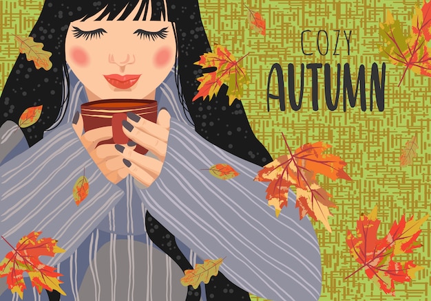 Vector woman with a cup of tea and falling leaves