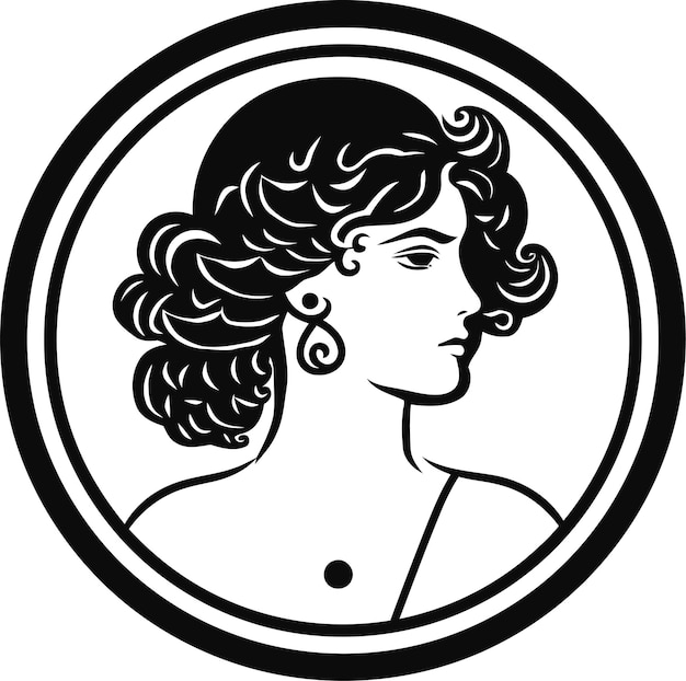 A woman with curly hair in a circle with the word 