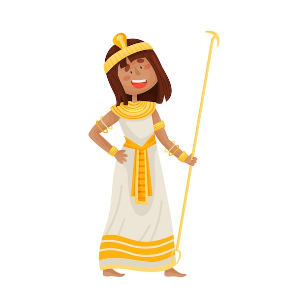 Woman with dark hair in a traditional long white dress with gold embroidery and jewelry Vector illustration on a white background