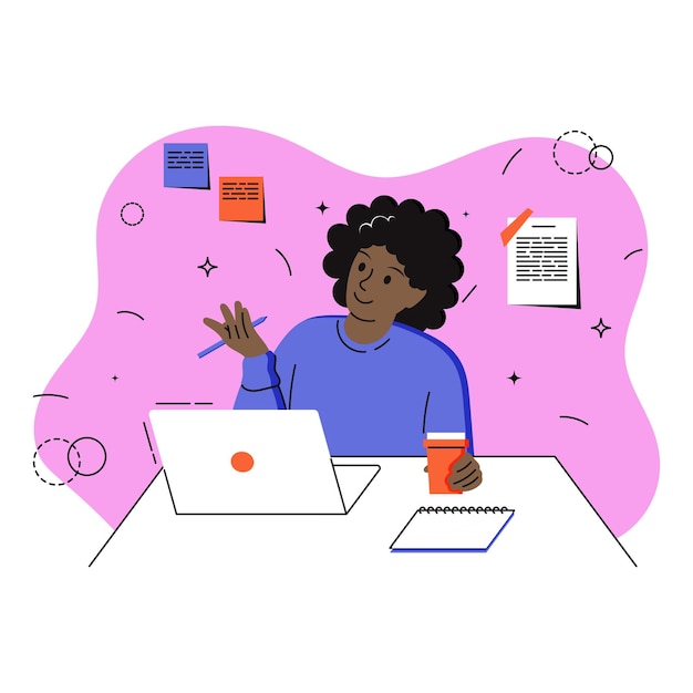 woman with dark skin and curly hair drinks coffee holds a pen and communicates on a computer notes
