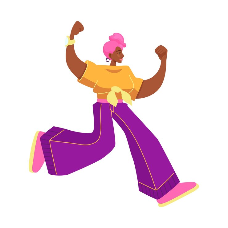 Vector woman with dark skin and pink hair you go girl girl power strong woman jumps feminism concept