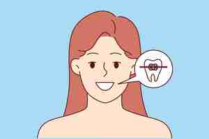 Vector woman with dental braces shows beautiful smile obtained thanks to trip to dentist or orthodontist