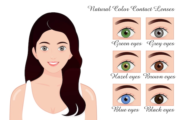 Vector woman with different color of eyes different types of color contact lenses skincare make up girl