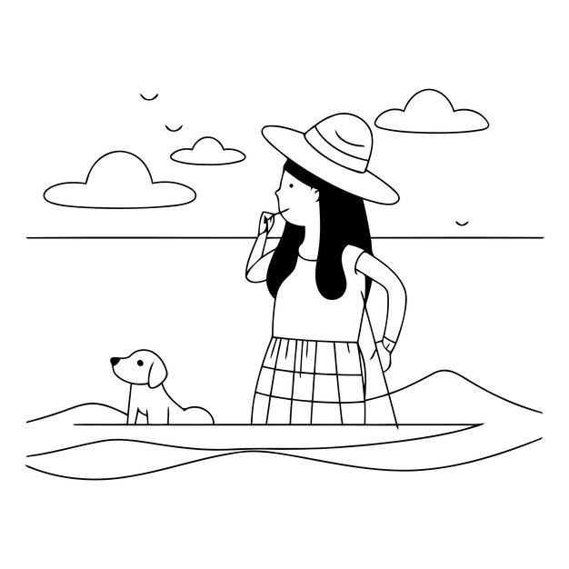 Woman with dog on the beach in flat style